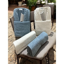 Banyo Çeyiz Seti, %100 Pamuk Bornoz Takımı, 8 Parça Aile Bornoz Seti, Havlu & Havlu Seti Mavi-krem Mavi