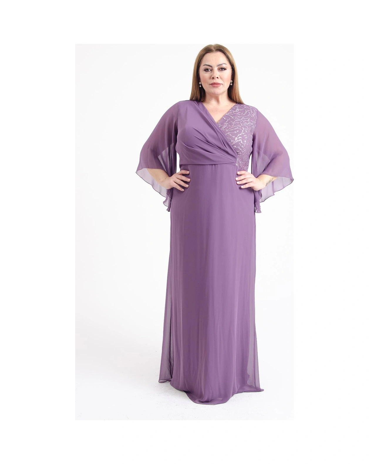 Lilas Xxl Büyük Beden Lavanta Renkli Kruvaze Yaka Şifon Uzun Abiye Elbise Lavanta