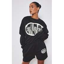 Prettylittlething Sweatshirt - Siyah Baskılı Oversize Bisiklet Yaka Siyah