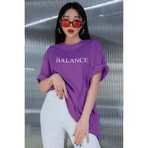 Balance Yazılı T-shirt - Mor Baskılı Oversize Bisiklet Yaka Kısa Kol Tişört Mor