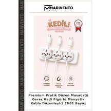 Premium Pratik Düzen Masaüstü Gereç Kedi Figürlü Manyetik Kablo Düzenleyici Ch01 Beyaz