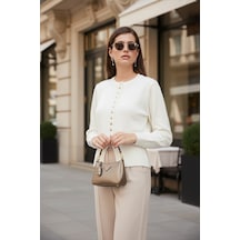 Lela Premium Comfort Fit Yuvarlak Yaka Crop Triko Bayan Hırka 680Hi00164 Ekru