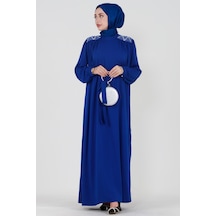 Omuzu İşlemeli Beli Kuşaklı Tesettür Elbise-saks Mavisi-3509-saks Mavisi