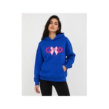 Herkesemoda Good Kurdele Baskılı Kapüşonlu 2 İplik Şardonlu Sweatshirt Mavi