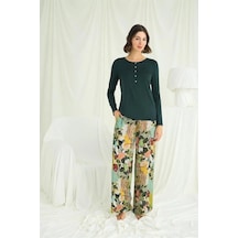 Ang Butik Kadın Çiçek Ve Yaprak Desenli Pijama Takımı Yeşil