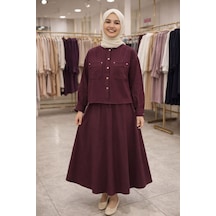 Esra Butik78 Gabardin Kumaş Gizli Cepli İkili Takım Uzun Etekli Tesettür Şık Rahat Kombin Bordo