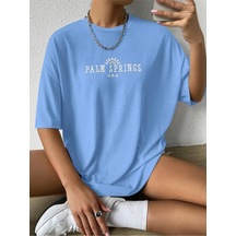 Palm Springs T-shirt - Bebe Mavisi Baskılı Oversize Bisiklet Yaka Kısa Kol Tişört Bebe Mavisi