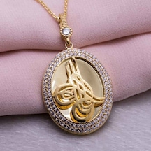 Tesbihsepetim 925 Ayar Gümüş Altın Kaplama Tuğralı Oval Model Kolye
