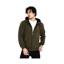 Erkek 3 İplik Pamuklu Kapüşonlu Tam Fermuarlı Cepli Hoodie Sweatshirt - Haki