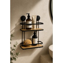 Robin Home Metal Bambu Vakumlu Yapışkanlı Banyo Rafı 2 Katlı Duş İçi Düzenleyici Siyah