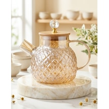 Isıya Dayanıklı Baklava Desen Cam Demlik Bambu & Metal Kapaklı Kulplu Süzgeçli 1000 Ml Füme Renk Kehribar
