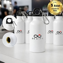 Logonuza Özel 5 Adet Kancalı Spor Su Matarası 600 Ml Alüminyum Kurumsal Matara Beyaz