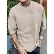 Los Angeles Downtown Süprem T-shirt - Bej Baskılı Oversize Bisiklet Yaka Kısa Kol Tişört Bej