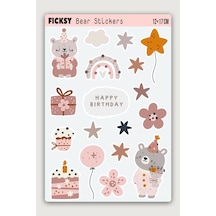 Sevimli Ayıcık Teddy Bear Doğum Günü Temalı Sticker Seti - 18 Adet Etiket Çıkartma Çok Renkli