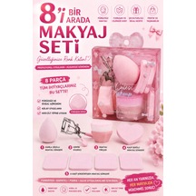 8 Parça Pembe Makyaj Süngeri, Fırçası Ve Kirpik Kıvırıcı Seti