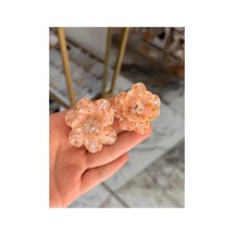Gold Detaylı Pembe Çiçek Model Küpe