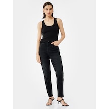 Koton Pamuklu Yüksek Bel Düğmeli Slim Fit Mom Jean Pantolon - Mom Jeans Siyah 5wal40043md Siyah