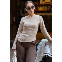 Madmext Kahverengi Kare Desenli Belden Oturtmalı Bluz Mg2849
