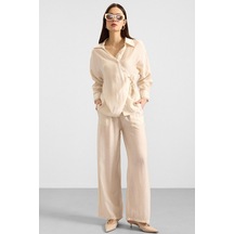 Olcay Düğme Ve Bağcık Kapamalı Kimono Pantolon İkili Takım Krem 9414-tk
