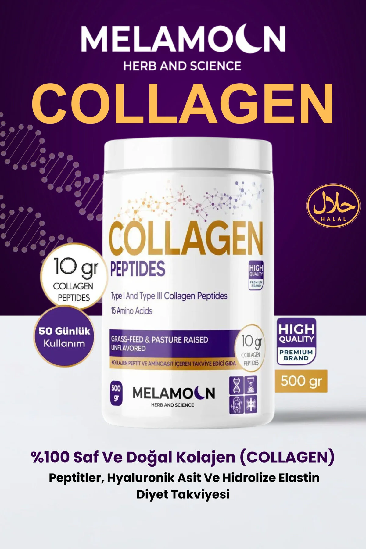 %100 Saf Ve Doğal Kolajen Collagen Peptitler, Hyaluronik Asit Ve Hidrolize Elastin Diyet Takviyesi