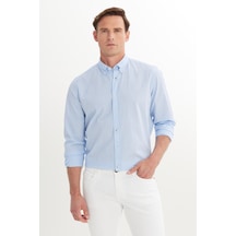 AC&Co / Altınyıldız Classics Erkek Beyaz Mavı Pamuklu Slim Fit Dar Kesim Düğmeli Yaka Kareli Gömlek Beyaz Mavı
