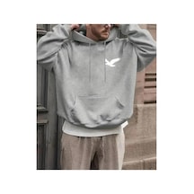Herkesemoda Göğüs Baskı Detaylı İçi Polarlı Kapüşonlu Sweatshirt Gri