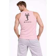Barlashive Erkek Fitilli Atlet Sıfır Yaka Slim Fit Arka Baskılı Spor Atlet - Pembe Çok Renkli