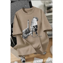 La El İşareti Ön Baskılı Sokak Modası Unisex T-shirt Taş Rengi