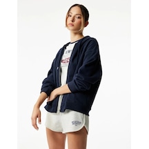 Koton Fermuarlı Kapüşonlu Kanguru Cepli Uzun Kollu Şardonlu Oversize Kadın Sweatshirt 6wak10151nk Lacivert