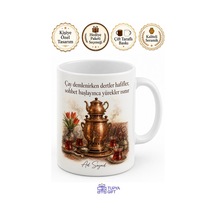 Semaver Başında Sohbet Temalı Kupa Bardak Hediye Porselen Mug Beyaz / Çok Renkli