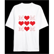 Wear Vexel Anneler Günü Hediye Mom Kalp Baskılı Oversize Bisiklet Yaka T-shirt - Beyaz Beyaz
