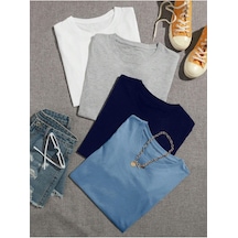 Düz Basic 4'lü Çoklu Kombin T-shirt - Beyaz Gri Lacivert Ve Bebe Mavi Oversize Bisiklet Yaka Beyaz Gri Lacivert Bebe Mavi-202511