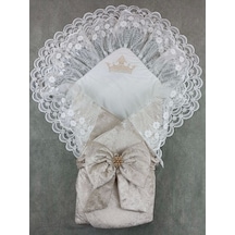 Yenidoğan Saray Kadife Taç Nakışlı İnci Fiyonklu Çift Dantel Duvak Trilüks Kundak Bebek Battaniyesi Vizon-ekru Ekru - Vizon