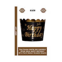 Özel Üretim Mafin Kek Kapsülü Siyah Gold Happy Brıthday 25 Li Parti Süsleri İkramlık Sürpriz Siyah - Altın
