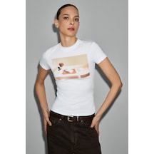 Grımelange Areluna Kadın Organik Pamuklu Bisiklet Yaka Kısa Kollu Slim Fit Beyaz T-shirt Beyaz