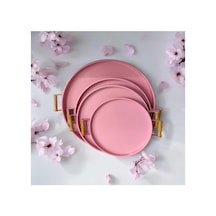 Eceaksesuar Ahşap Kulplu Metal Tepsi Çay Tepsisi 4'lü 50, 40, 37, 30 Cm Kahve Tepsisi Sunum Tepsi Seti Açık Pembe 50 X 30 Çok Renkli
