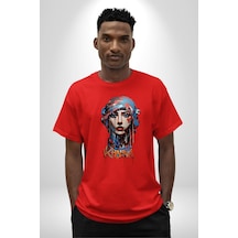 Khansa Eşarp Kadın Tasarımı Pamuklu Bisiklet Yaka Unisex Oversize Boyfriend Dijital Baskılı Kırmızı T-shirt Kırmızı