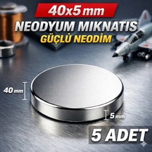 5 Adet - 40x5 Mm Neodyum Mıknatıs Yuvarlak Güçlü Neodim
