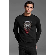 Bear Wolf Gözlüklü Sevimli Karakter Baskılı Siyah Erkek Sweat (528979620)