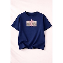 Herkesemoda No Rain No Flowers Baskı Detaylı Kadın Bisiklet Yaka Pamuklu T-shirt Lacivert