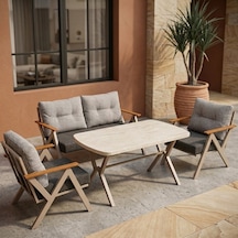 Venedik 2+1+1+ 70x120 Traverten Masa Metal Balkon Takımı Keten Dokulu Kumaş Cappuccino Metal - Bahçe Teras Oturma Grub Gri - Antrasit