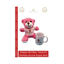 Ayıcıkseti Happy Birthday Baskılı Tişörtlü Peluş Pembe Hediye Ayıcık Porselen Kupa Bardak Seti