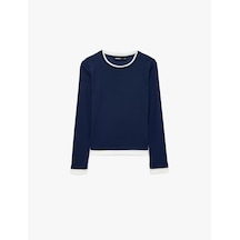 Koton Slim Fit Renk Kontrastlı Katmanlı Uzun Kollu Bisiklet Yaka Tişört Lacivert 7wak50105ek