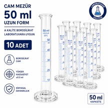 Cam Mezür 50 Ml Uzun Form A Kalite Borosilikat Laboratuvara Uygun 10 Adet