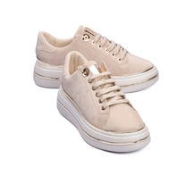Mubiano Kadın Sneaker Kadife Desenli Gold Detaylı Kalın Tabanlı Spor Ayakkabı Lilium Bej Bej