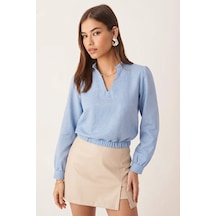 Armonika Kadın Bebe Mavi V Yaka Yakası Pile Detaylı Beli Lastikli Manşetli Bluz Arm-26k001020