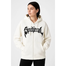 Oversize Kapüşonlu Sweatshirt Hoodie 3 İplik Şardonlu Pamuklu Kumaş, Önü Baskılı, Fermuarlı Rahat Kalıp, Kışlık Ve Sokak Stili Sweat - Beyaz Beyaz
