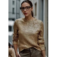 Fashion Friends Varak Altın Dore Kumaşlı Yuvarlak Yaka Ofis Gece Davet Likralı Fitilli Kollukazak Dore
