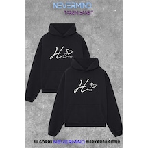 Nevermind Unisex Oversize Hoodie Çift Kombini His & Hers 2'li Sweatshirt Siyah