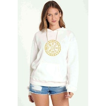 Viking Compass Logo Baskılı Beyaz Kadın Kapşonlu Sweatshirt
